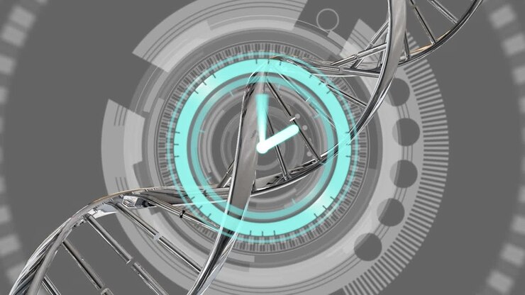 Animazione di orologio digitale su elica del DNA in un tunnel circolare, su sfondo grigio