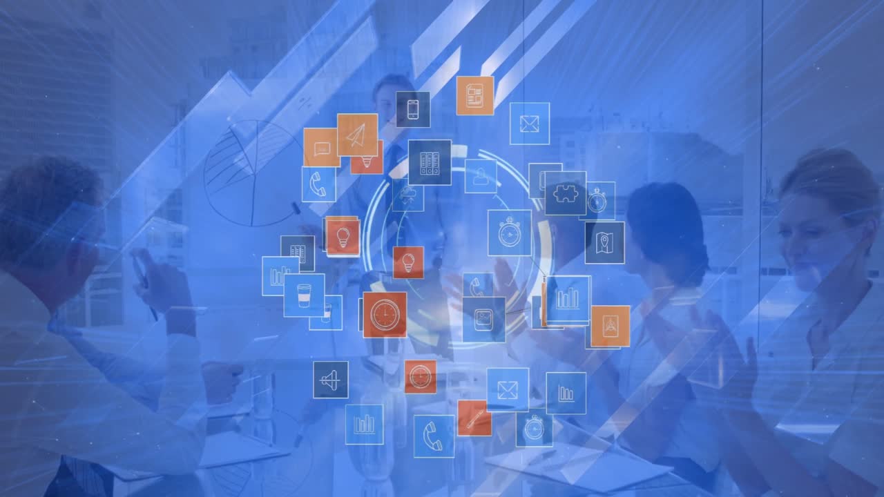 animación de iconos digitales sobre diversos hombres de negocios aplaudiendo a un hombre de negocios caucásico en la oficina