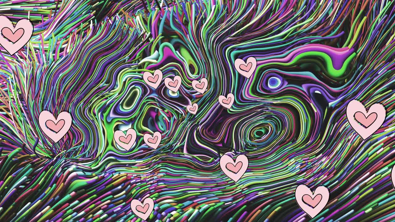 animación de corazones rosados que se mueven sobre rayas con fondo estampado