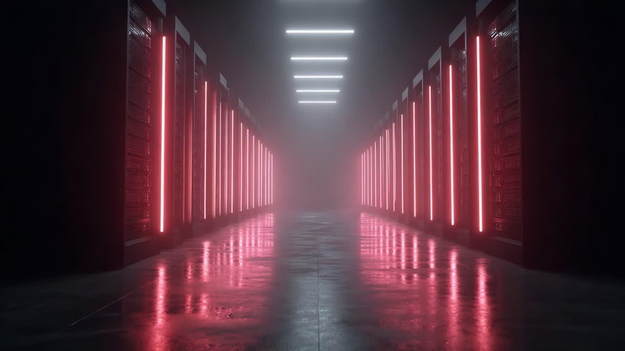 A Mystical Corridor of Data: A Deep Perspective Into a Futuristic Server Room with Neon Red Lights and a Shimmering Floor, Inviting Exploration in a High-Tech Setting