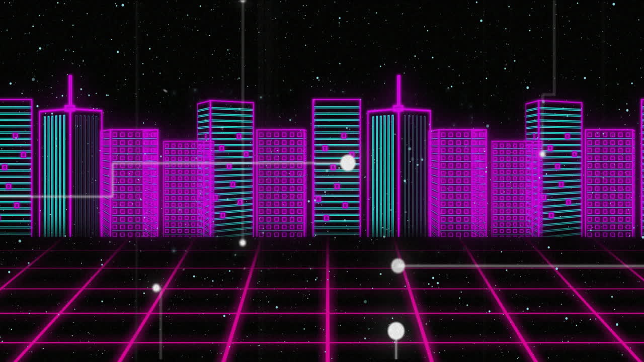 Neon cityscape with grid foreground and starry night sky animation