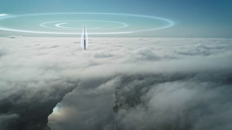 tower antenna creating digital halo above natural clouds