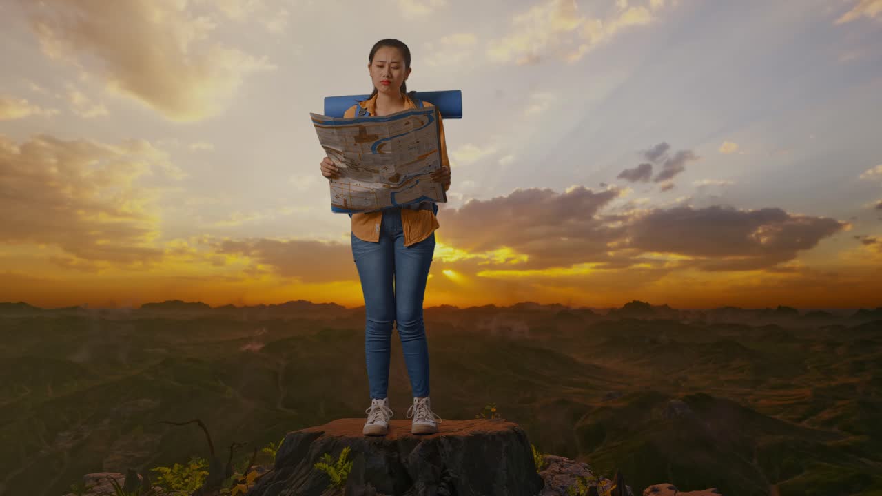 cuerpo lleno de excursionista femenina asiática con mochila de montañismo mirando el mapa y luego mirando a su alrededor mientras está de pie en la cima de la montaña durante la hora del atardecer