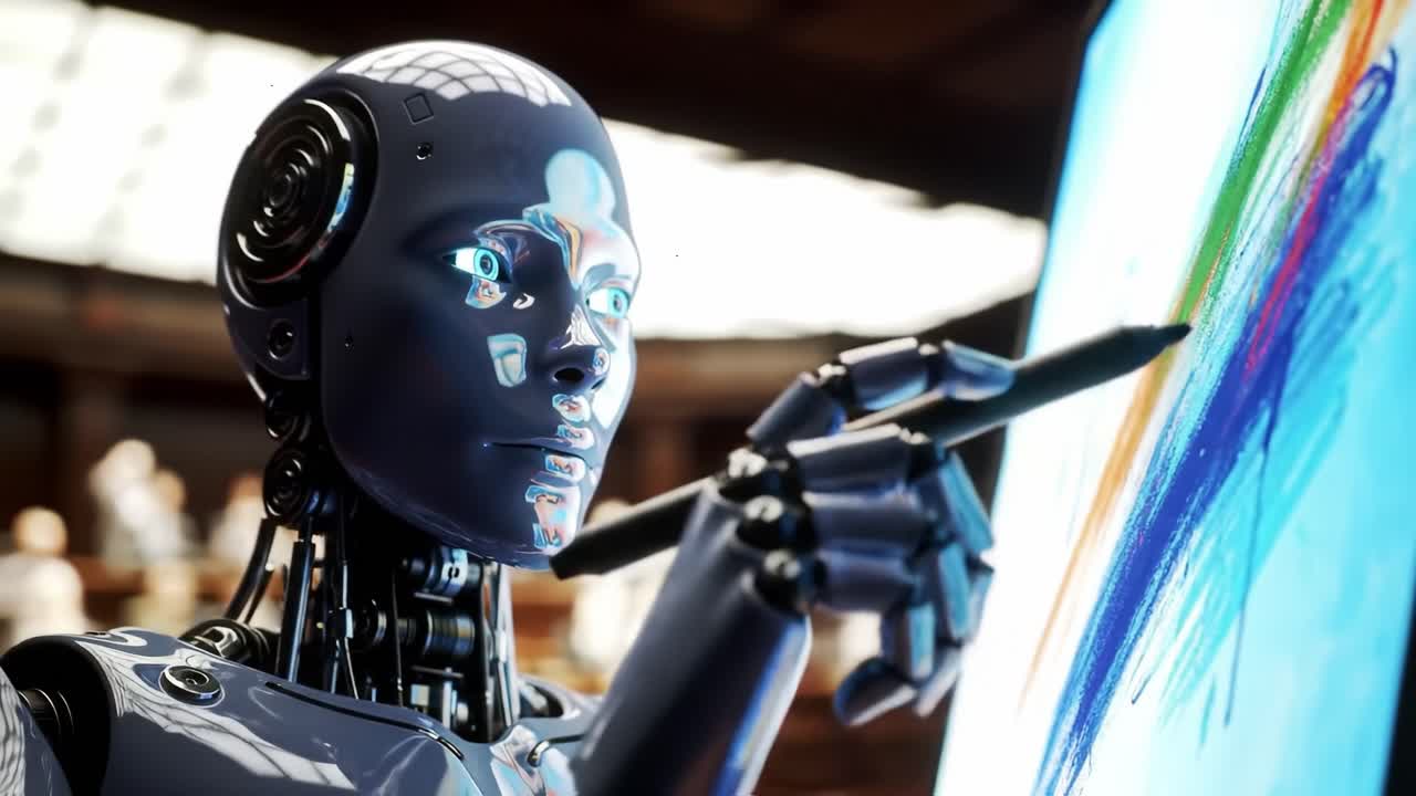 A humanoid robot skillfully uses a stylus to create colorful artwork on a canvas, showcasing advanced technology in a contemporary art studio filled with onlookers.