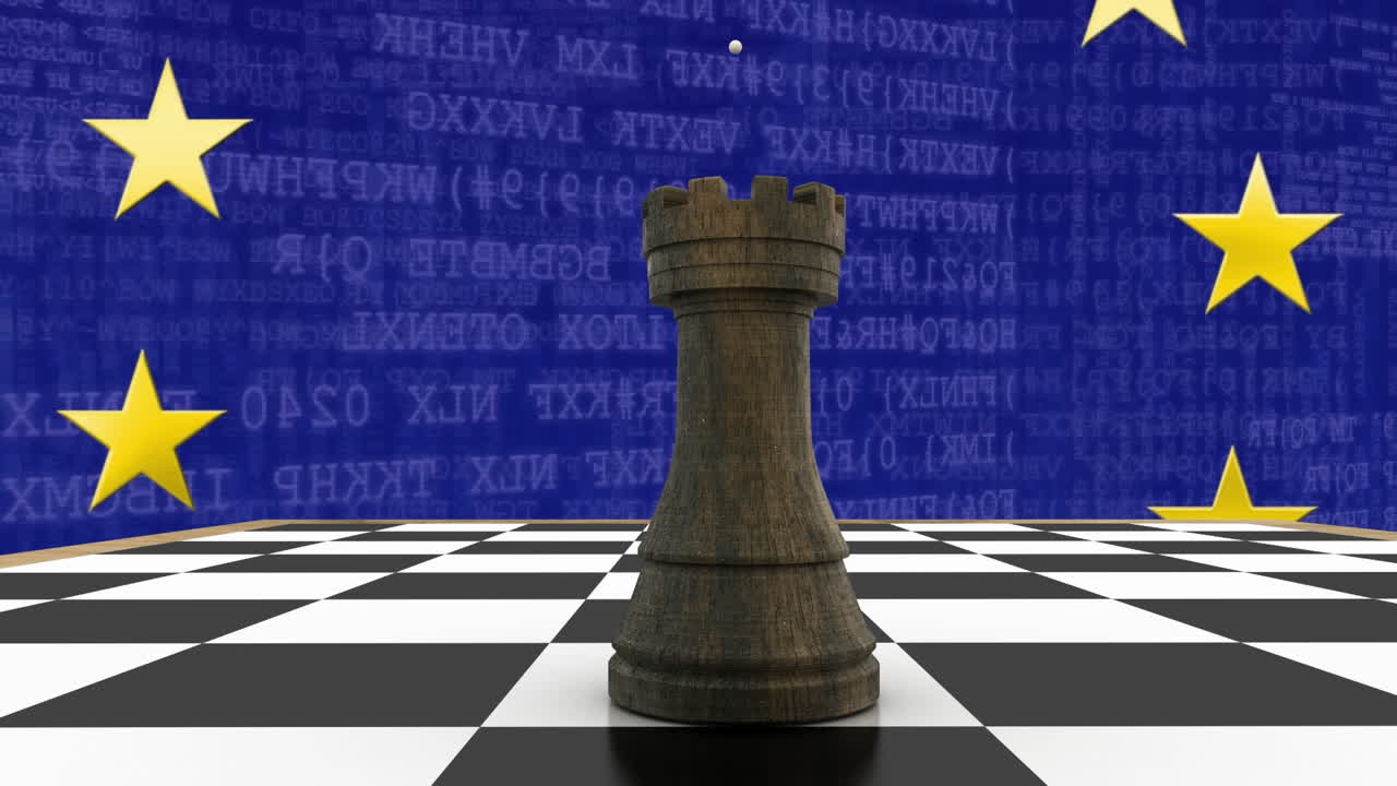 Satranç tahtasındaki kalenin, değişen sayılar ve harflerle Avrupa Birliği bayrağı üzerinde animasyonu.