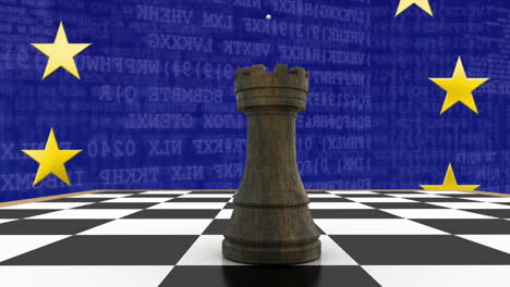 animation of rook on chess board with changing numbers and letters over european union flag