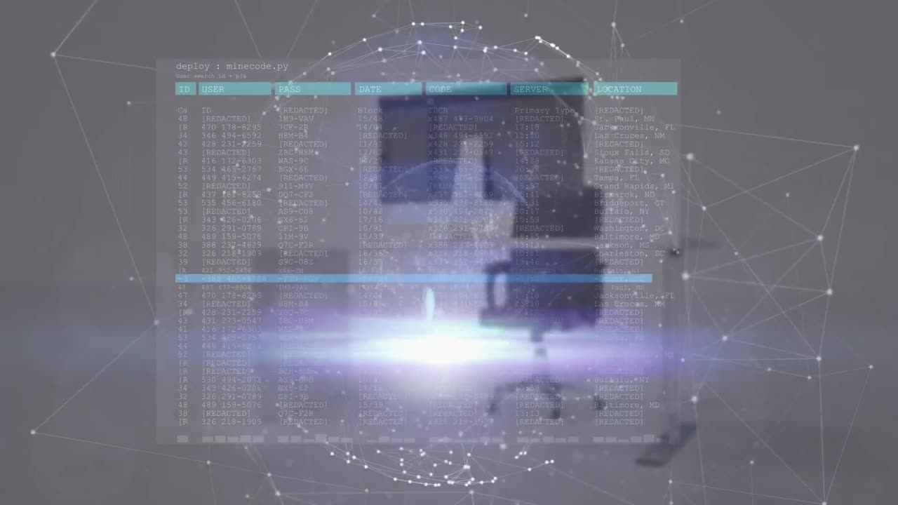 animación del procesamiento de datos, globo de la red de conexiones y punto de luz contra el escritorio de la oficina.