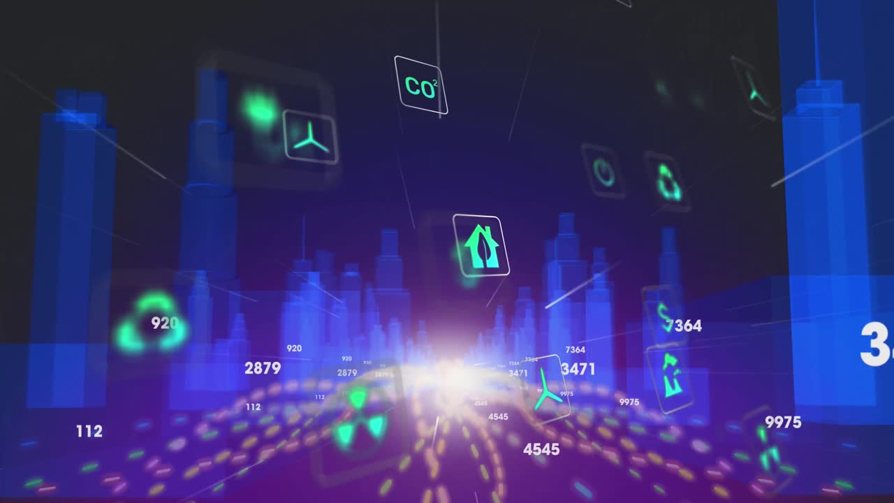 Animation of multiple digital icons over light trails against 3d city model on black background