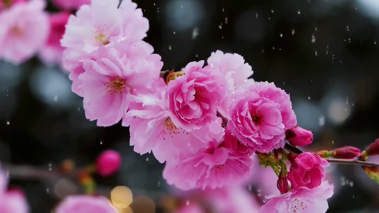 Video ravvicinato di fiori di ciliegio rosa sotto la pioggia, che cattura delicati petali da un angolo laterale, Live