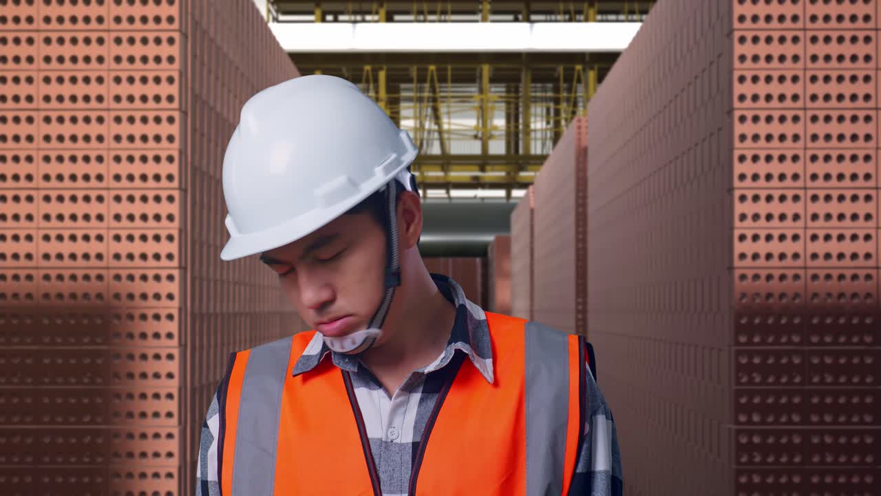 Close Up Of Asian Male Engineer With Safety Helmet Having A Headache While Working With Red Brick Packed in Stacks Are Stored