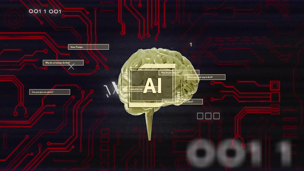 디지털 뇌와 빨간 회로판 배경 위의 텍스트 애니메이션