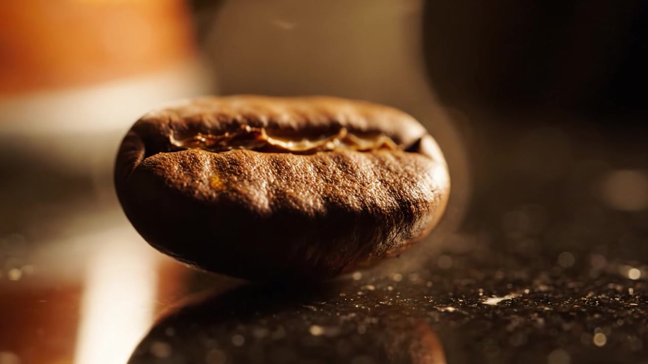 Fængslende nærbillede af en glinsende kaffebønne: Udforskning af de rige teksturer og farver i en enkelt ristet kaffebønne mod en mørk overflade