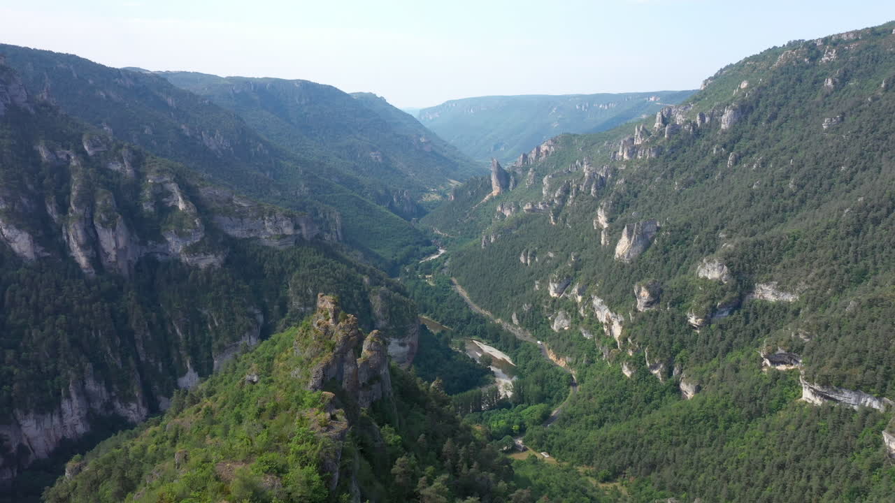 Aerial shot rocky ridge with trees gorges du Tarn canyon aerial shot France