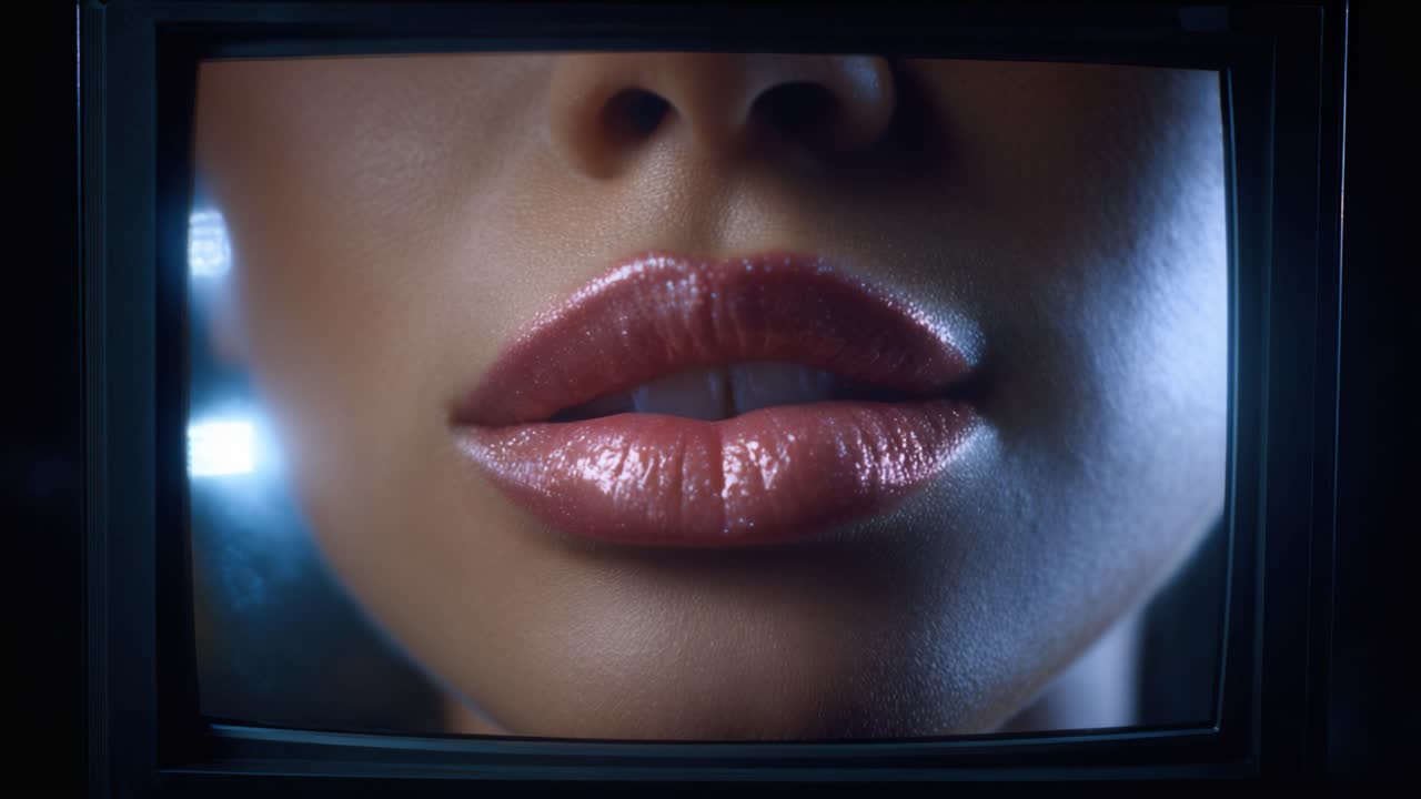 Close-up of Glossy Lips Framed by a Vintage Television Screen, Capturing the Intricate Details and Luscious Texture in a Darkened Setting