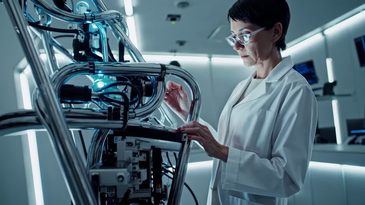 Scientist working on a robotic machine in a modern laboratory