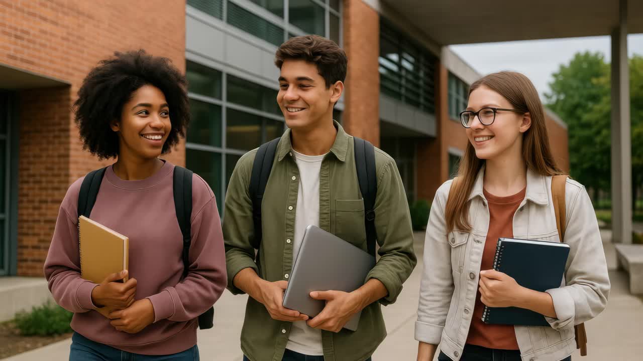 A candid, eye-level video shot of three diverse students walking and smiling, holding books