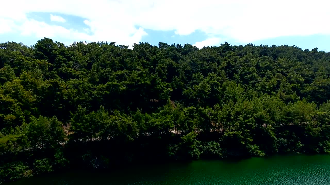 vista aérea. volando sobre el hermoso lago y bosque. día soleado. toma de cámara aérea. panorama del paisaje.
