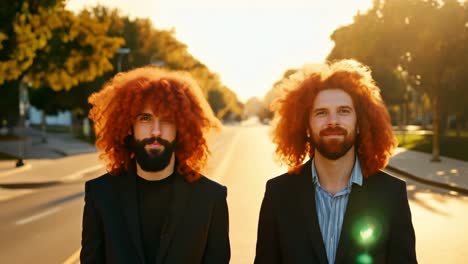 two men with red curly hair in business attire on a city street