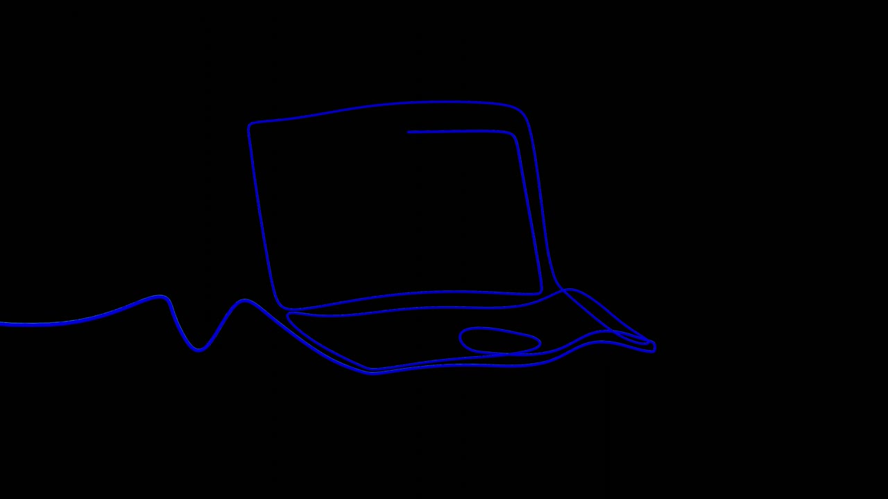 computadora portátil con líneas de neón azul sobre fondo negro