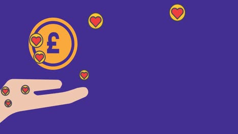 Animation-of-hearts-floating-over-hand-with-pound-on-violet-background