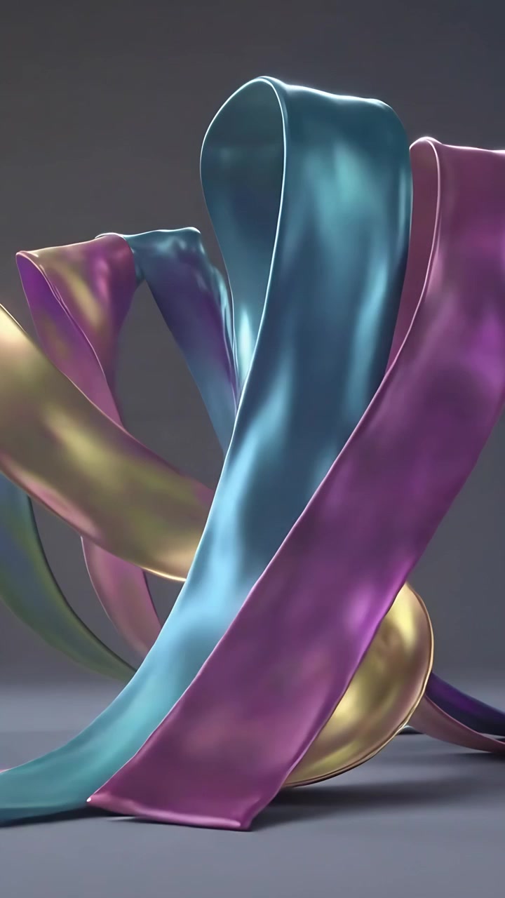 Vertical video: Lighting shifting, three satin ribbons teal, pink, gold rising, looping on stage