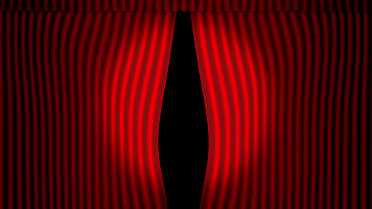 Captivating graphic background moves the audience dramatic red curtain reveal in a theatrical setting