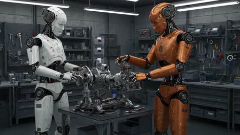 two advanced robots collaborating in a high-tech workshop, displaying cutting-edge mechanics and engineering with precision and innovation in a futuristic setting