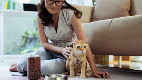 woman feeding a cat