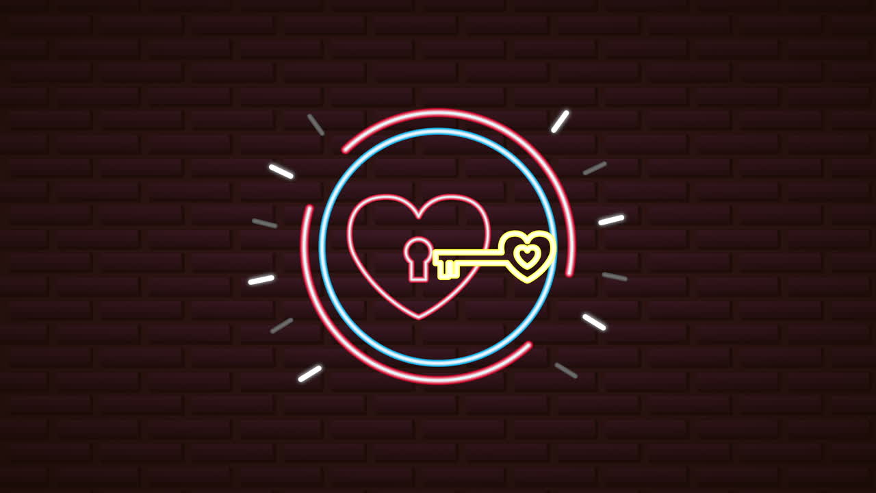 etiqueta de neón del día de san valentín animada con corazón y llave
