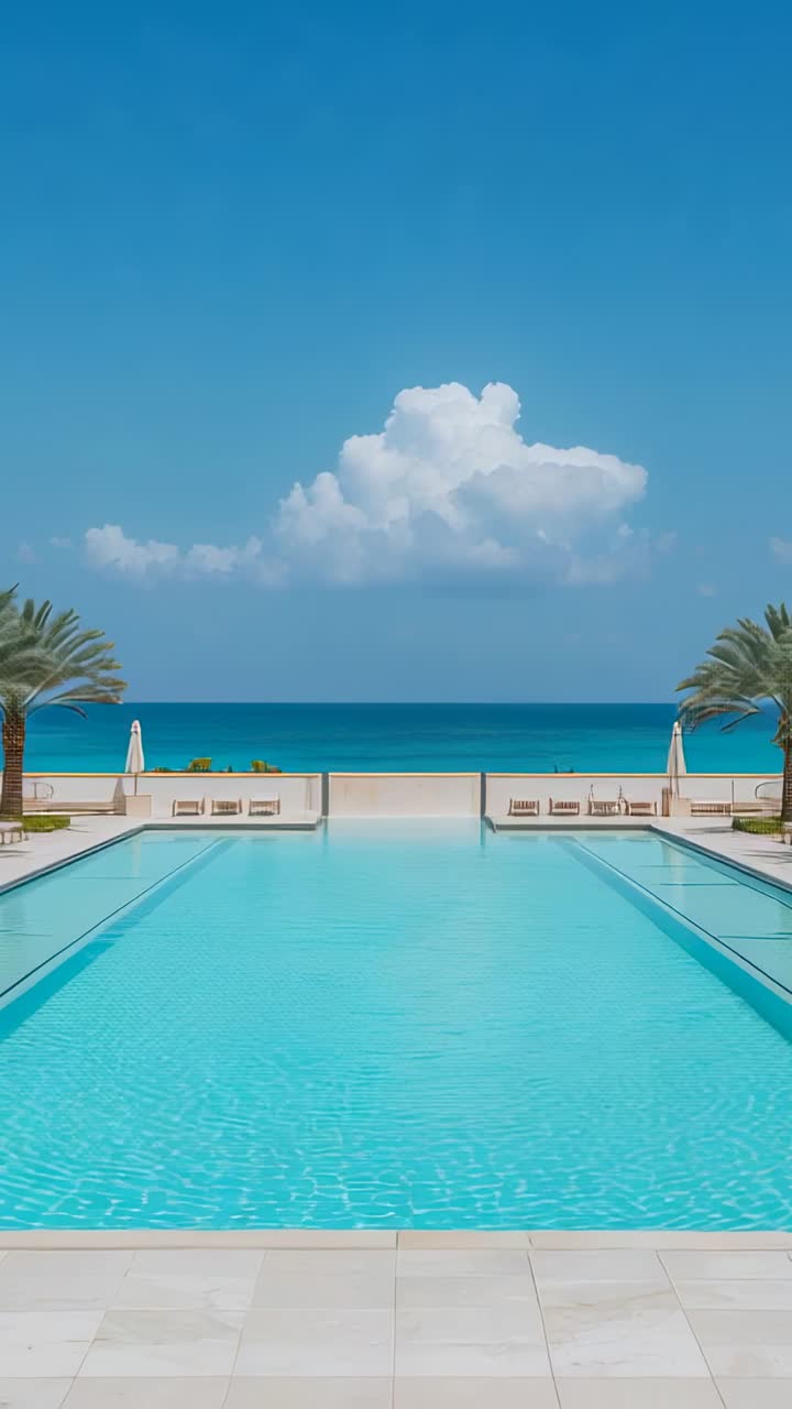 Vertical video: Showing pool shining with breeze shifting large cloud and palms at resort terrace