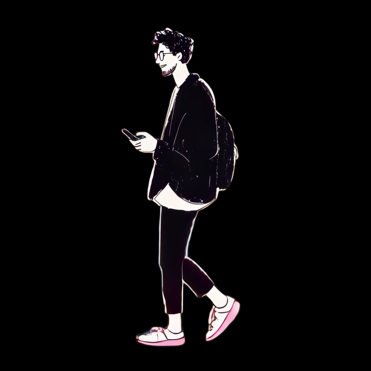 Stylish illustrated man walking animation isolated asset, transparent 4K video, alpha channel