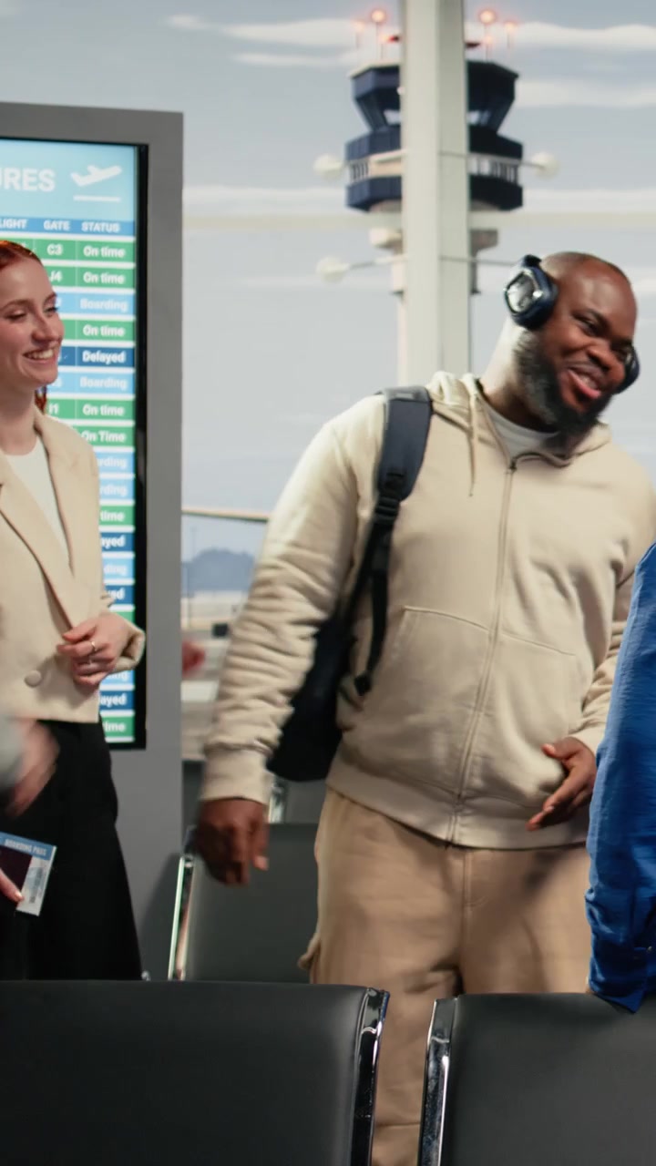Vertical video Group of friends in airport travelling to explore foreign country