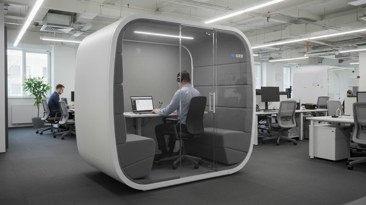 Modern office workspace featuring a private soundproof pod where an employee is engaged in focused work, fostering productivity and innovation in a contemporary environment