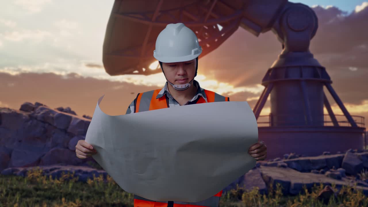 Asian Male Engineer With Safety Helmet Looking At Blueprint In His Hands And Looking Around While Standing With Large Satellite Dish