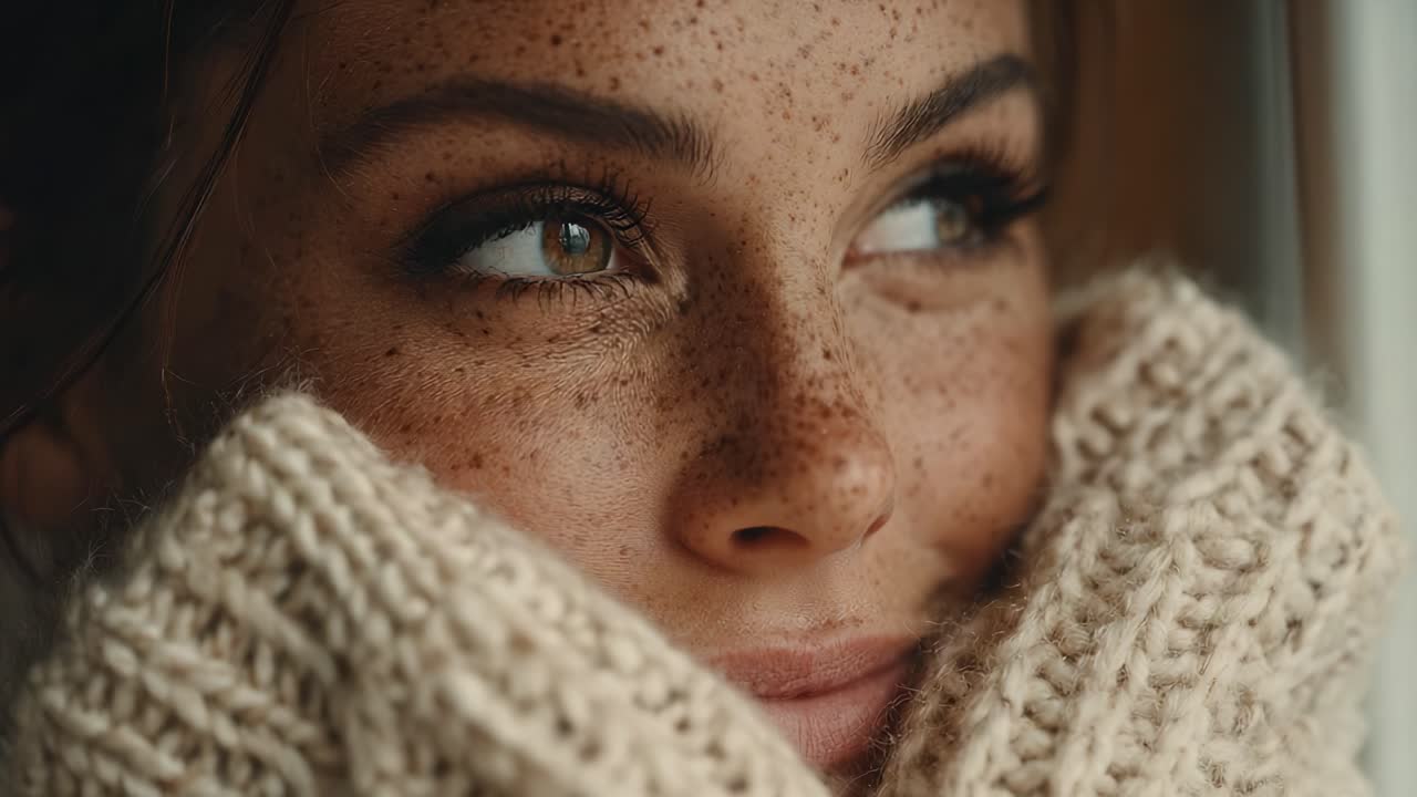 A Cozy Portrait of a Young Woman Embracing Warmth and Comfort, Showcasing Her Beautiful Freckles and Expressive Eyes Capturing a Moment of Serenity