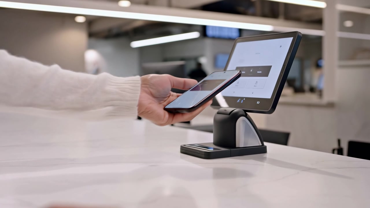 Parlak bir servis bankosunda duran, elinde akıllı telefon tutan ve elleri yakınında duran bir kişinin yakın çekim görüntüsü. Arka planda hafifçe bulanık bir dokunmatik ekran terminali görülüyor.