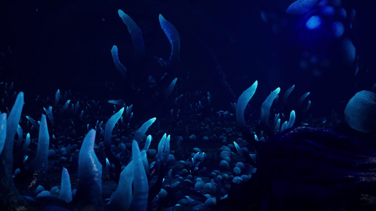 entorno alienígena azul con plantas alienígenas en movimiento, animación 3d, escena animada, cámara dolly hacia adelante lentamente