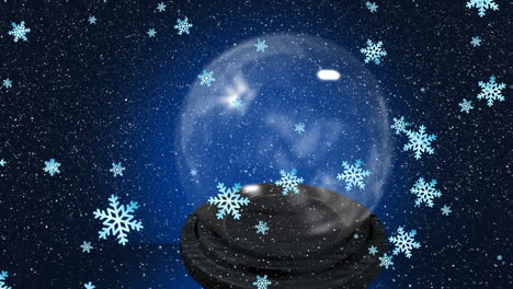 animación del globo de nieve de navidad sobre la nieve que cae en el paisaje de invierno
