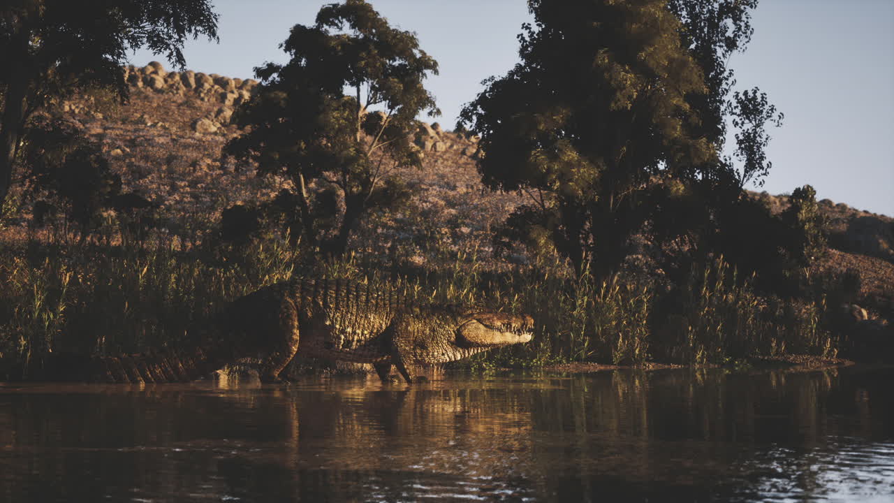Crocodile basking by the waters edge in a natural habitat during twilight