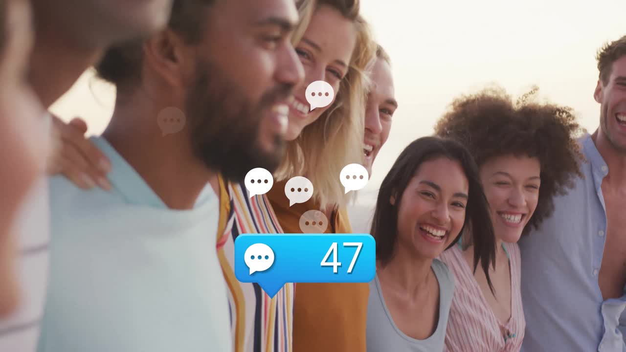 Speech bubble appearing triggers friends linking arms, smiling showing social media comments rising