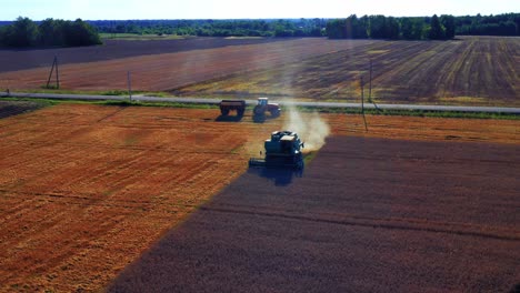 Farmer-Driving-Combine-Harvester,-Harvesting-Ripe-Crops-With-Tractor-Mounted-With-Trailer-In-The-Background