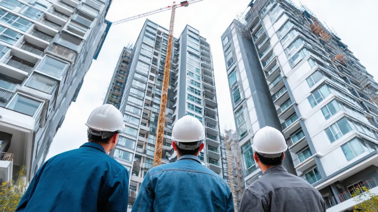 Three construction professionals observe the ongoing progress of a high-rise building project, showcasing teamwork and dedication in urban development