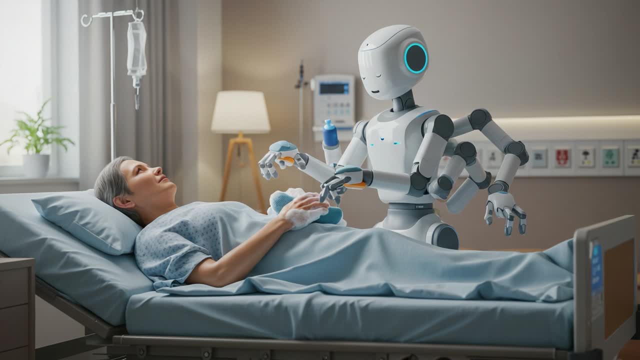 Innovative Healthcare: A Robotic Assistant Provides Care and Comfort to a Patient in a Modern Hospital Room, Enhancing the Future of Medical Technology and Compassionate Treatment