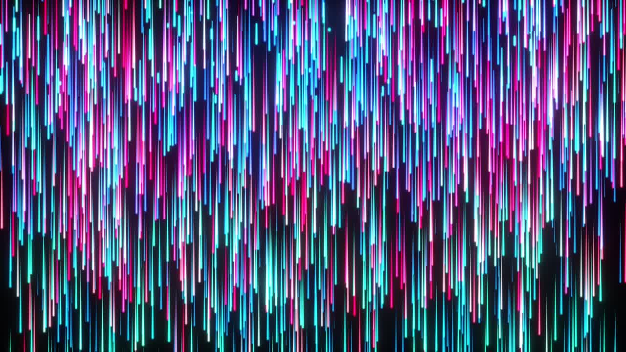 Animazione in loop di linee colorate e luminose che cadono verticalmente. Animazione CG astratta con movimento di scie luminose a gradiente contorte. Motivi a strisce geometriche futuristiche 4K con scie luminose in movimento e perdita di luce.