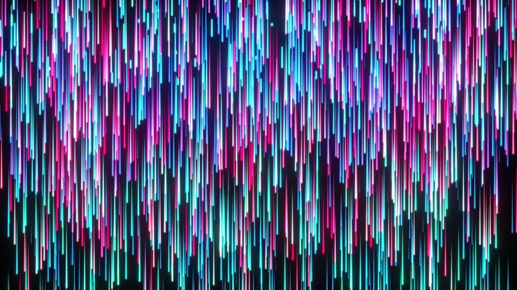 Animação em loop de linhas coloridas e verticais de luz caindo. Animação CG abstrata com movimento de rastros de luz gradientes torcidos. Padrões de listras geométricas futuristas 4K com rastros de luz brilhantes em movimento e vazamento de luz.