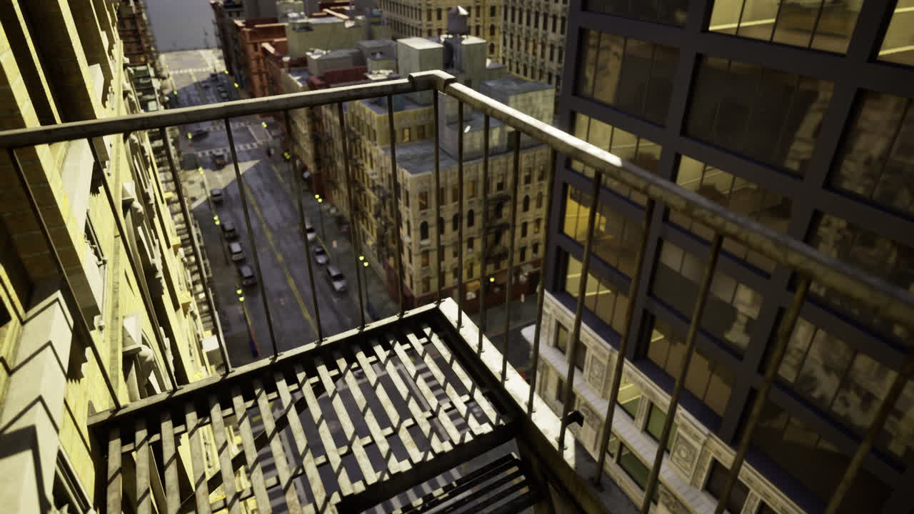 City balcony view overlooking bustling urban street and buildings