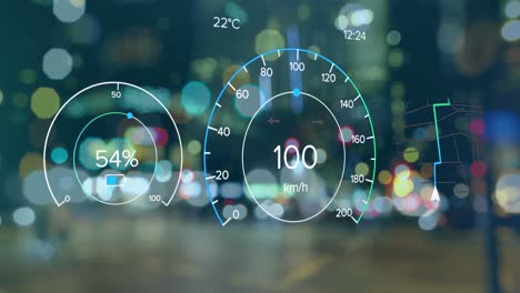 Animation-of-changing-numbers-in-speedometers-and-navigation-pattern-over-blurred-vehicles-on-street
