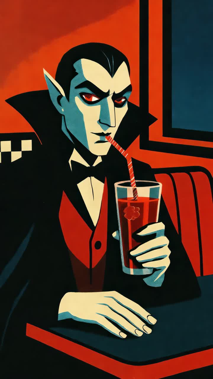 Vampiro stilizzato che sorseggia una bevanda in una tavola calda retrò, ripreso da un angolo frontale