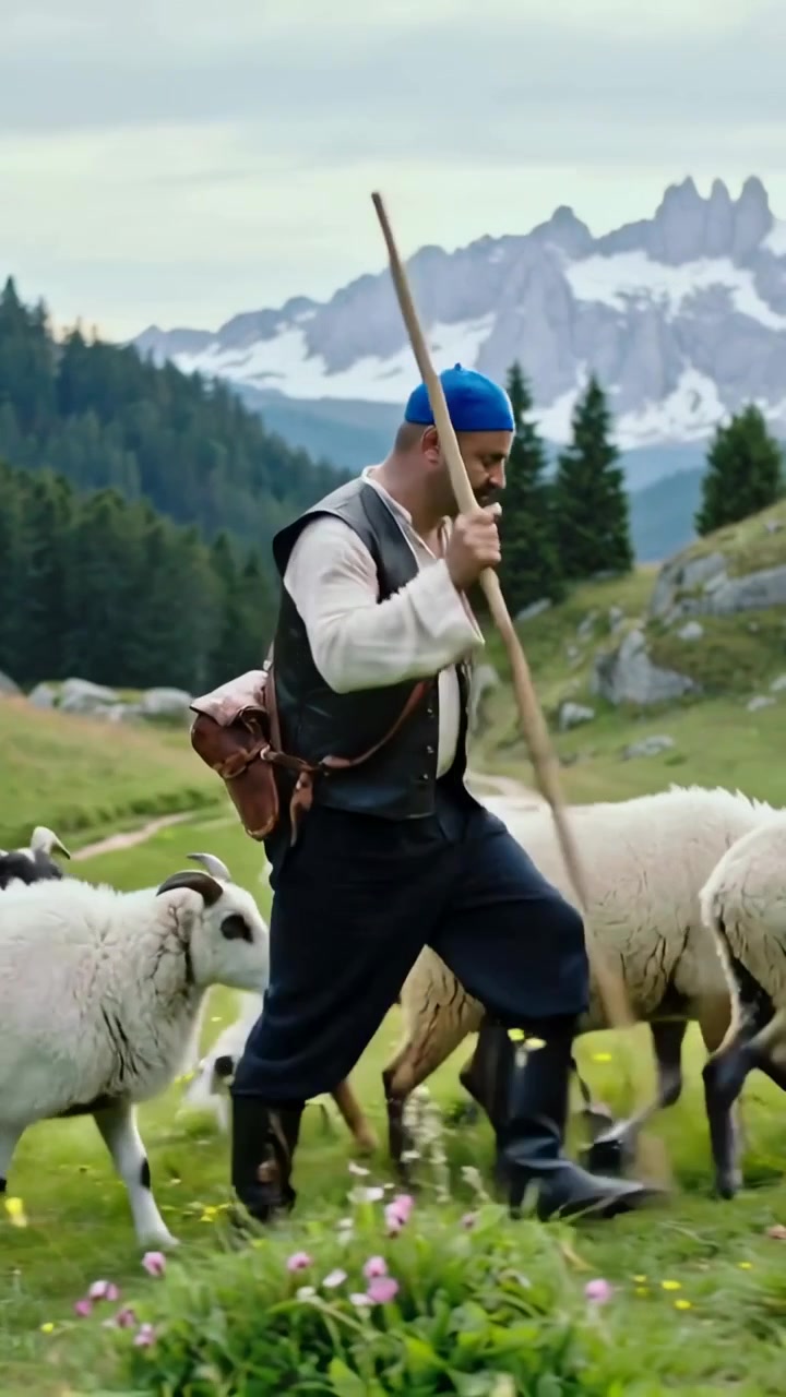 Vertikal video: Herde med blå mössa lämnar hyddor och leder en flock över en alpin äng med sin stav.