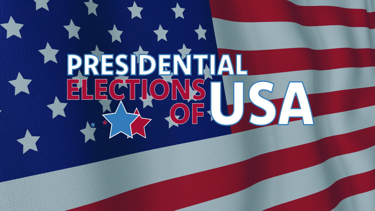 Animation of presidential elections of usa text and stars over waving american flag